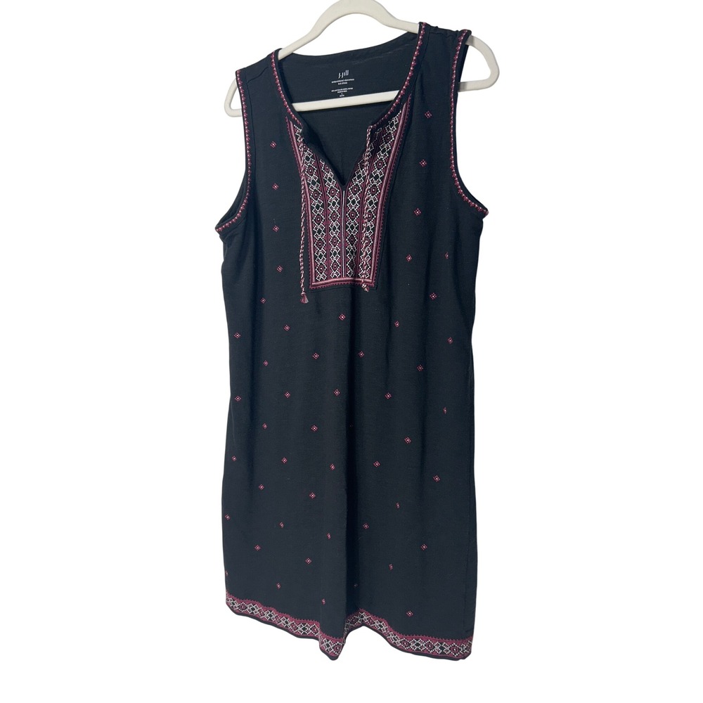 J. Jill Black Embroidered Sleeveless Knit Dress Petite Large Boho Tassel Neck